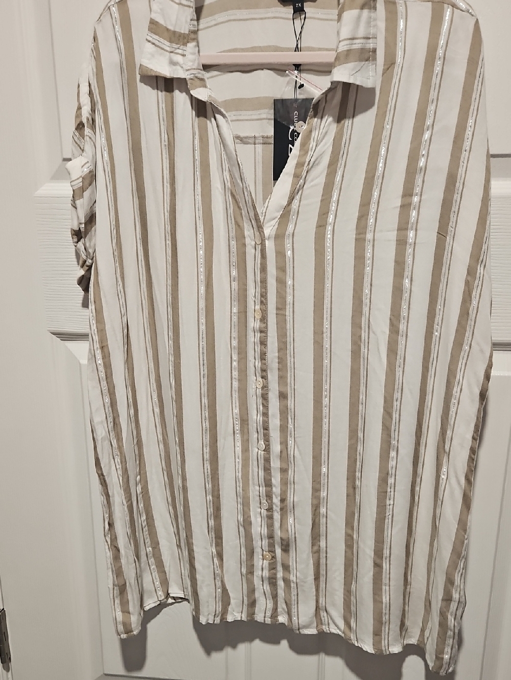 Club Z Collection Beige  Silver & White Striped Button-Up Shirt